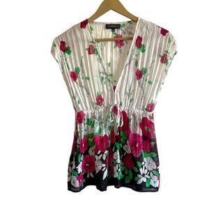 Vintage Y2K Elementz White Pink Floral Mesh Babydoll Top Feminine Preppy Fairy